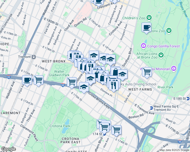 map of restaurants, bars, coffee shops, grocery stores, and more near in The Bronx
