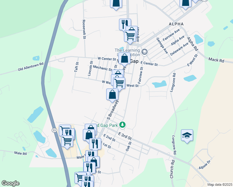 map of restaurants, bars, coffee shops, grocery stores, and more near 227 South Broadway in Wind Gap