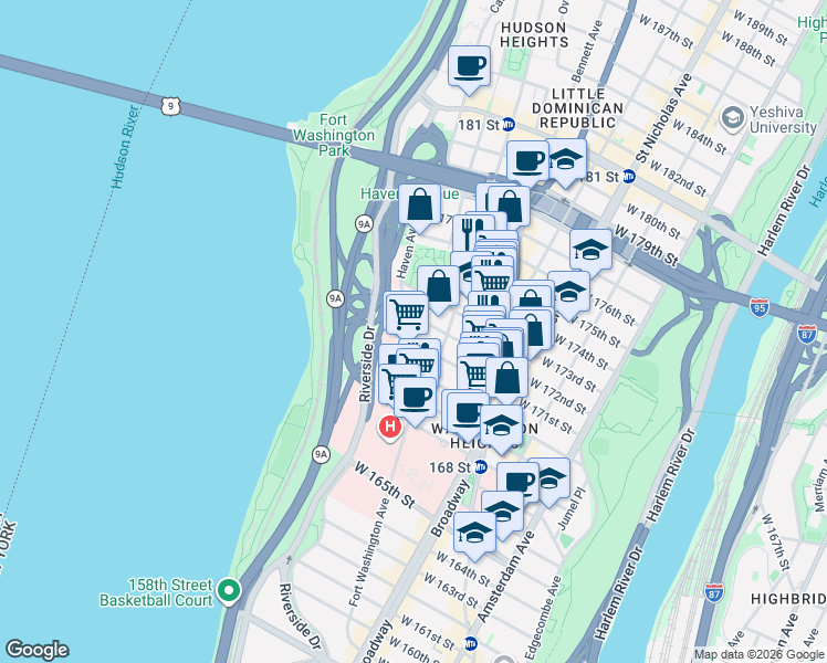 map of restaurants, bars, coffee shops, grocery stores, and more near in New York