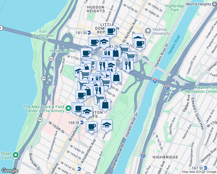 map of restaurants, bars, coffee shops, grocery stores, and more near 560 West 175th Street in New York