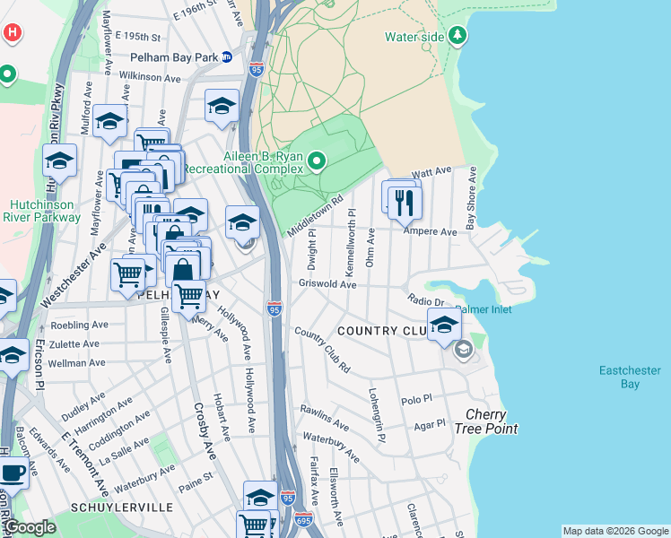 map of restaurants, bars, coffee shops, grocery stores, and more near 1525 Kennellworth Place in The Bronx