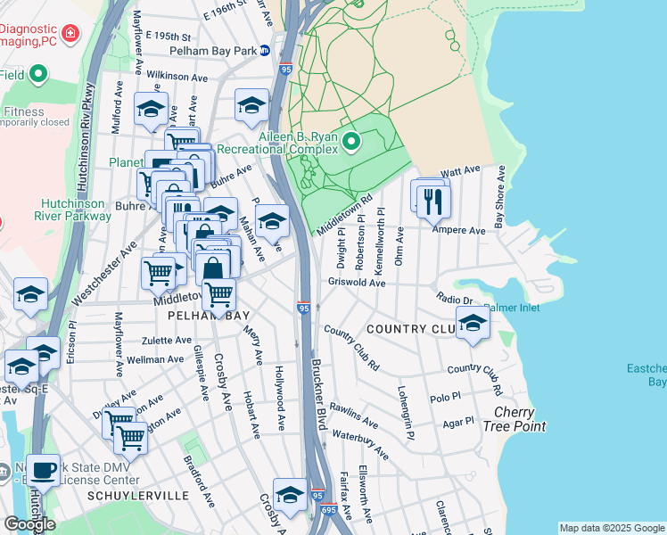 map of restaurants, bars, coffee shops, grocery stores, and more near 1522 Dwight Place in Bronx