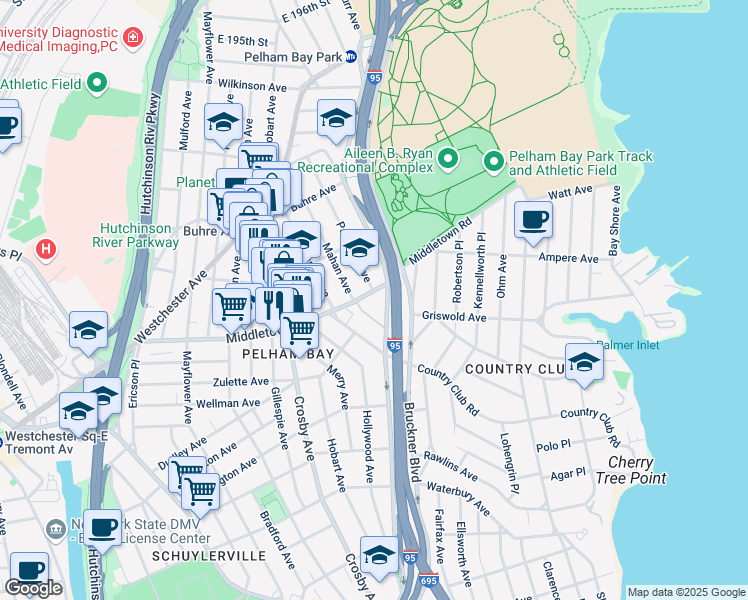 map of restaurants, bars, coffee shops, grocery stores, and more near 3105 Middletown Road in Bronx