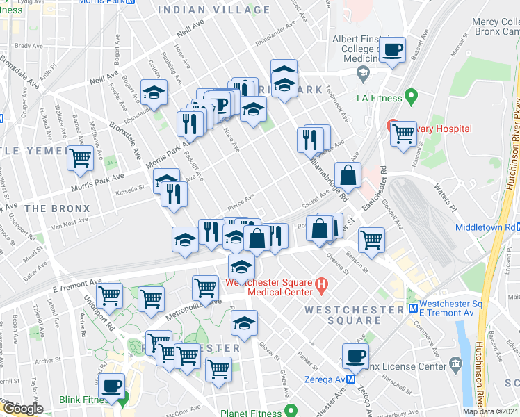 map of restaurants, bars, coffee shops, grocery stores, and more near 1588 Paulding Avenue in The Bronx