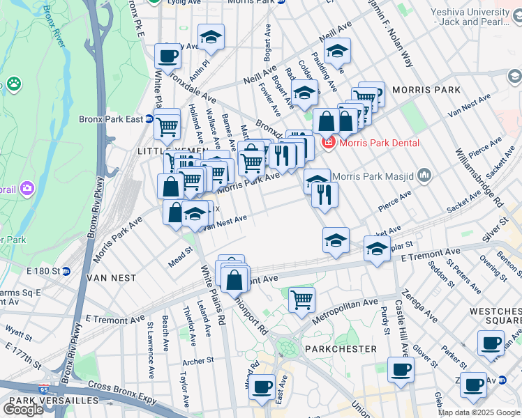 map of restaurants, bars, coffee shops, grocery stores, and more near 1713 Matthews Avenue in Bronx