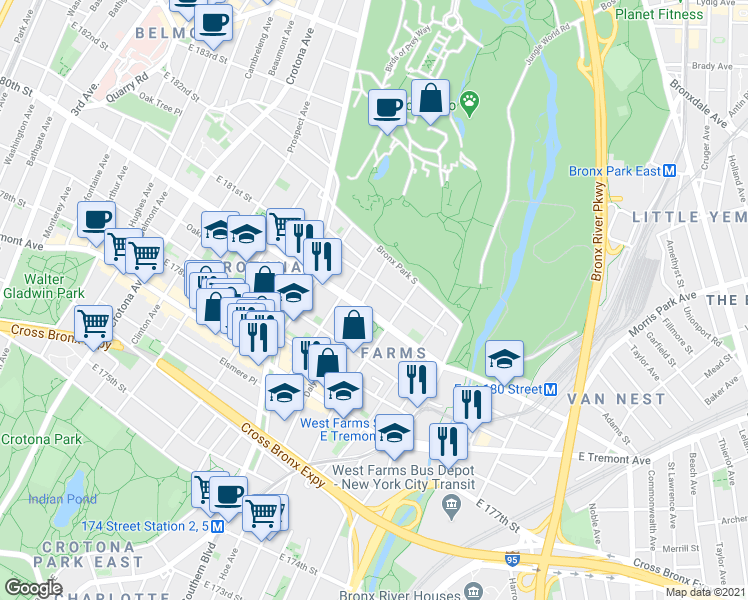 map of restaurants, bars, coffee shops, grocery stores, and more near 2116 Daly Avenue in The Bronx