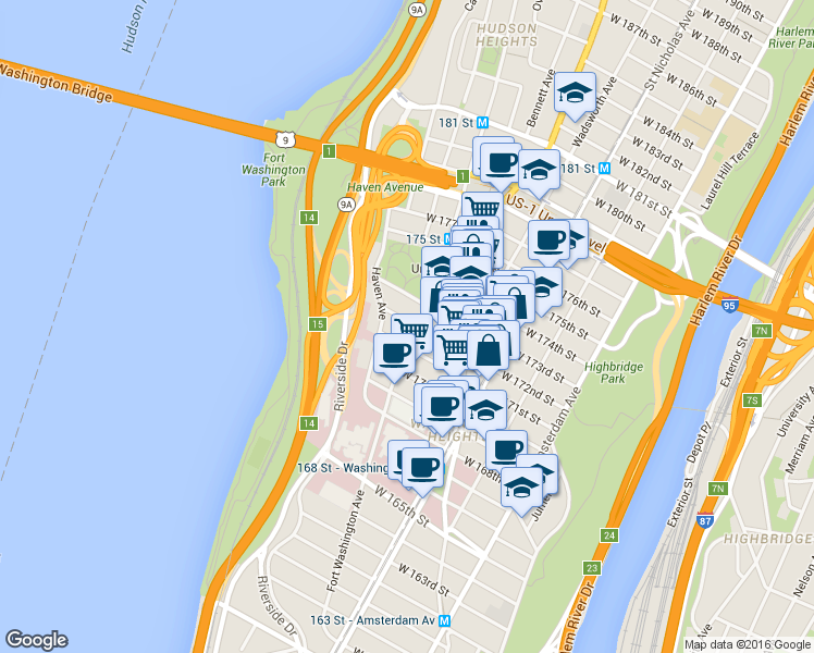 map of restaurants, bars, coffee shops, grocery stores, and more near 285 Fort Washington Avenue in New York