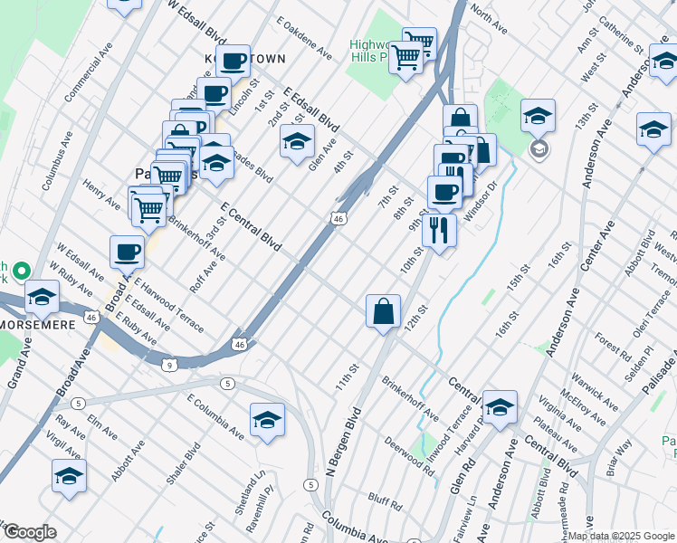 map of restaurants, bars, coffee shops, grocery stores, and more near 319A 7th Street in Palisades Park