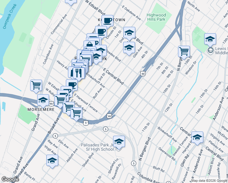 map of restaurants, bars, coffee shops, grocery stores, and more near 115 Brinkerhoff Avenue in Palisades Park