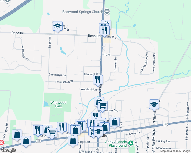 map of restaurants, bars, coffee shops, grocery stores, and more near 1111 North Chapel Street in Louisville