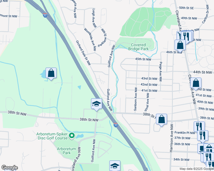 map of restaurants, bars, coffee shops, grocery stores, and more near 4120 Orchard Dale Drive Northwest in Canton