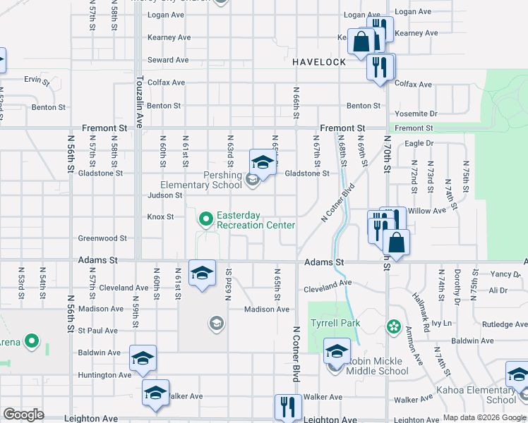 map of restaurants, bars, coffee shops, grocery stores, and more near 6350 Knox Street in Lincoln