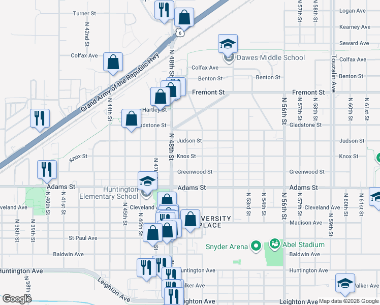map of restaurants, bars, coffee shops, grocery stores, and more near 3233 North 49th Street in Lincoln