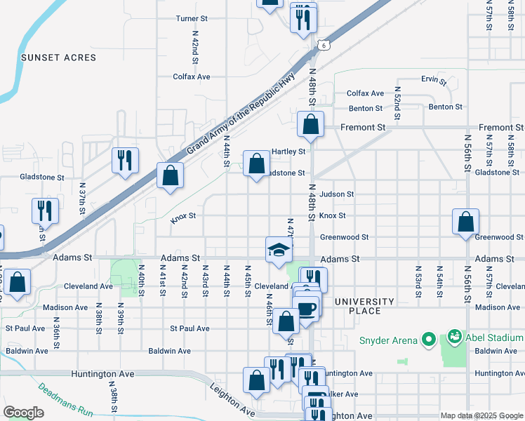 map of restaurants, bars, coffee shops, grocery stores, and more near 4535 Judson Street in Lincoln