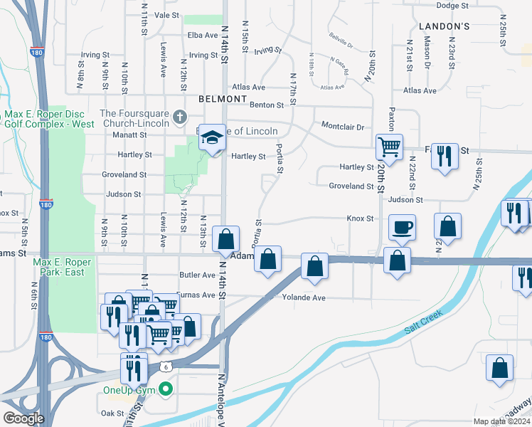 map of restaurants, bars, coffee shops, grocery stores, and more near 3305 Portia Street in Lincoln