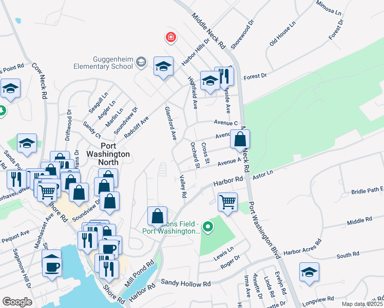 map of restaurants, bars, coffee shops, grocery stores, and more near 18 Orchard Street in Port Washington