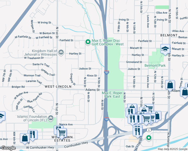 map of restaurants, bars, coffee shops, grocery stores, and more near 412 Knox Street in Lincoln