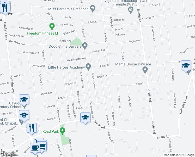 map of restaurants, bars, coffee shops, grocery stores, and more near 4 Grand Street in Lake Ronkonkoma