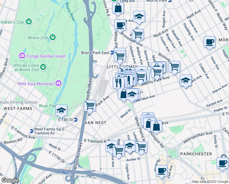 map of restaurants, bars, coffee shops, grocery stores, and more near Morris Park Avenue & Unionport Road in Bronx
