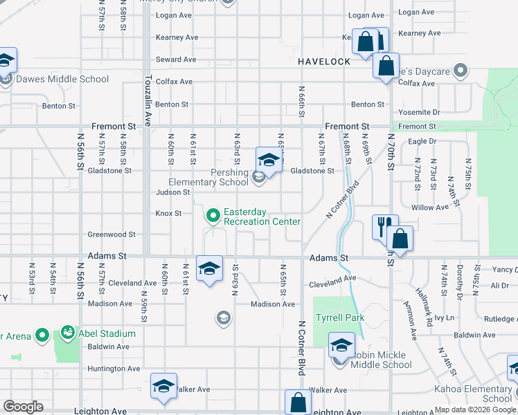 map of restaurants, bars, coffee shops, grocery stores, and more near 6350 Knox Street in Lincoln