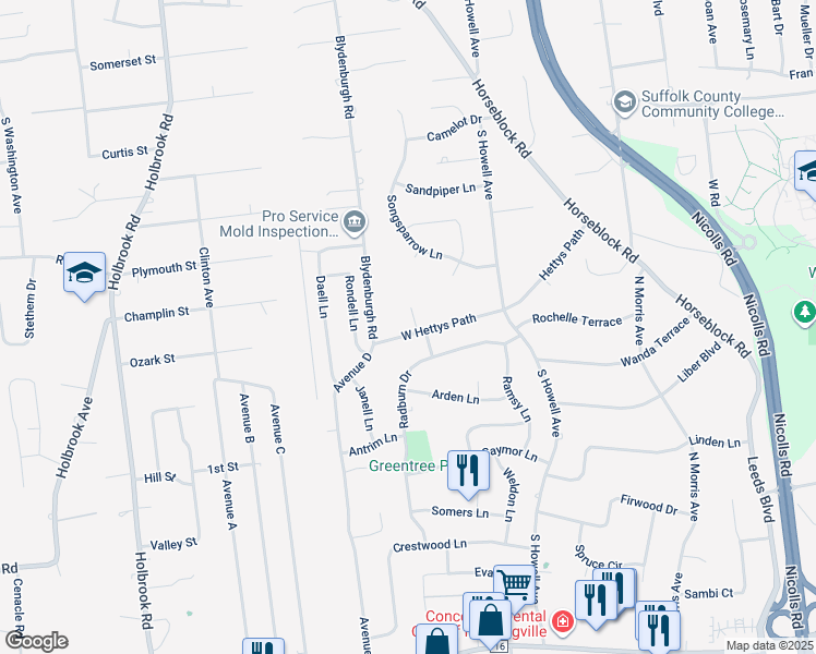 map of restaurants, bars, coffee shops, grocery stores, and more near 6 Lopa Court in Centereach