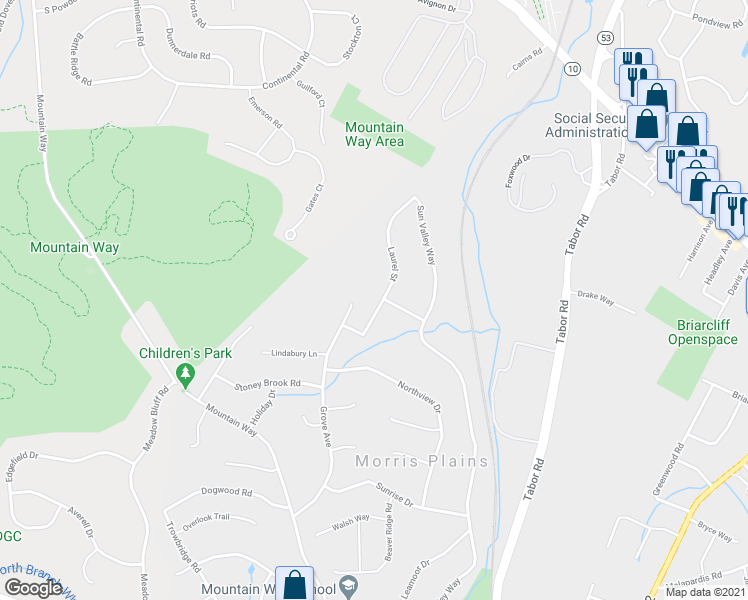 map of restaurants, bars, coffee shops, grocery stores, and more near 10 Laurel Street in Morris Plains