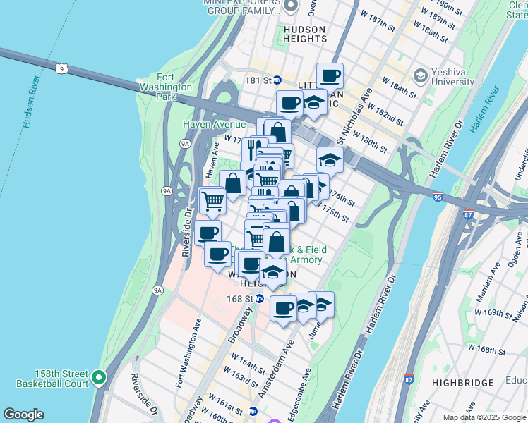 map of restaurants, bars, coffee shops, grocery stores, and more near 632 West 173rd Street in New York