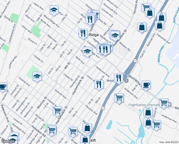 map of restaurants, bars, coffee shops, grocery stores, and more near 119 Hill Street in Wood-Ridge