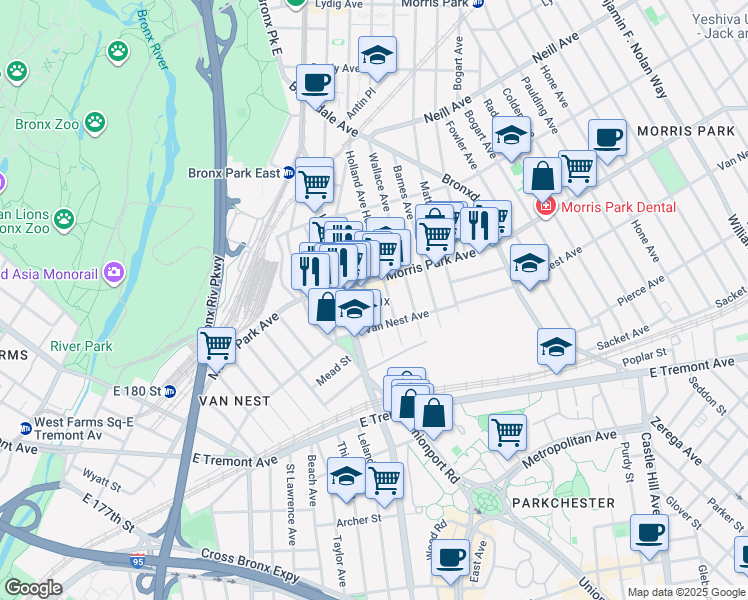 map of restaurants, bars, coffee shops, grocery stores, and more near 1728 Hunt Avenue in Bronx