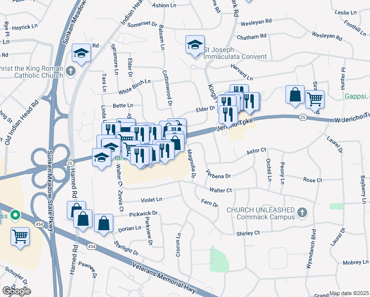 map of restaurants, bars, coffee shops, grocery stores, and more near 2002 Jericho Turnpike in Commack