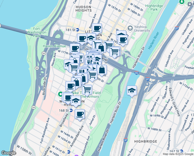 map of restaurants, bars, coffee shops, grocery stores, and more near Audubon Ave & W 175th St in New York