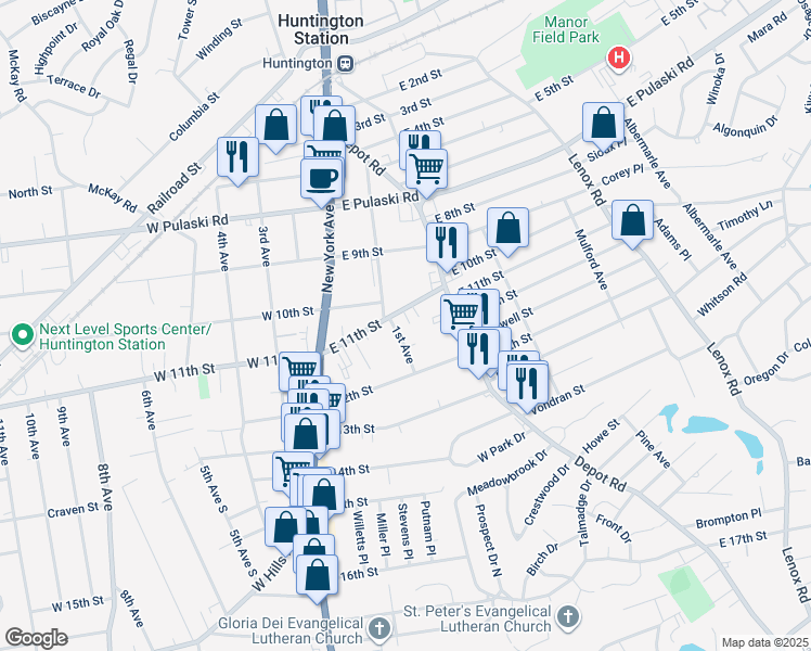 map of restaurants, bars, coffee shops, grocery stores, and more near 160 1st Avenue in Huntington Station
