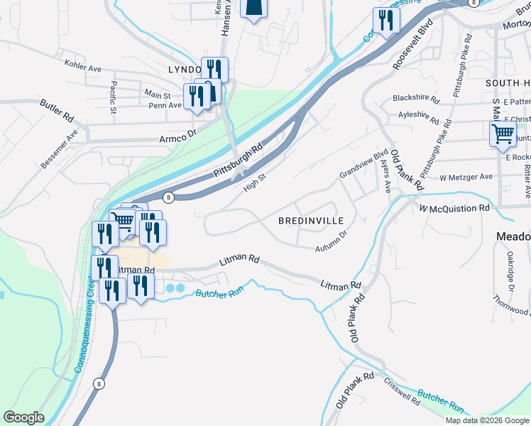 map of restaurants, bars, coffee shops, grocery stores, and more near 228 Grandview Boulevard in Butler