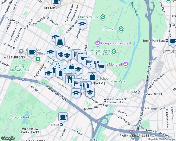 map of restaurants, bars, coffee shops, grocery stores, and more near 2095 Honeywell Avenue in Bronx