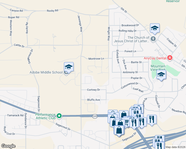 map of restaurants, bars, coffee shops, grocery stores, and more near 3375 Jennings Way in Elko