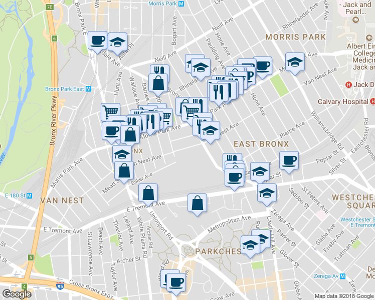 map of restaurants, bars, coffee shops, grocery stores, and more near 852 Van Nest Avenue in Bronx