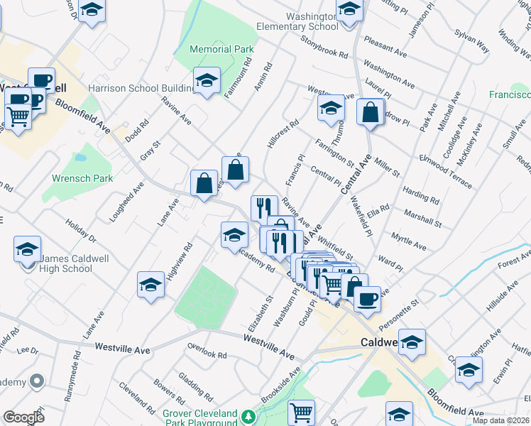 map of restaurants, bars, coffee shops, grocery stores, and more near 34 Espy Road in Caldwell