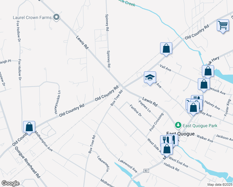 map of restaurants, bars, coffee shops, grocery stores, and more near 4 Box Tree Road in East Quogue