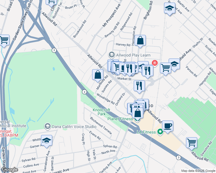 map of restaurants, bars, coffee shops, grocery stores, and more near 29 Sussex Road in Clifton
