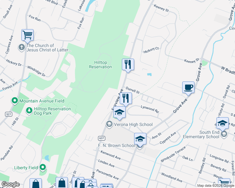 map of restaurants, bars, coffee shops, grocery stores, and more near 2 Cresthill Road in Verona