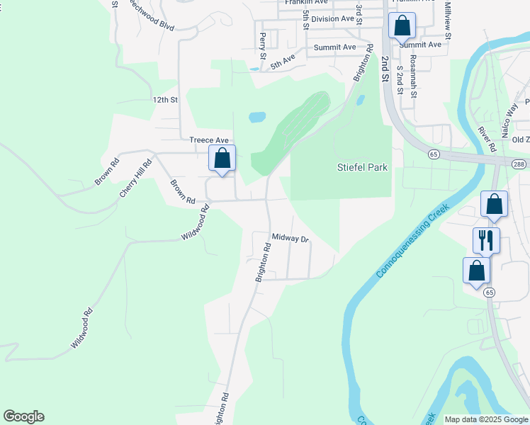 map of restaurants, bars, coffee shops, grocery stores, and more near 1655 Brighton Road in Ellwood City
