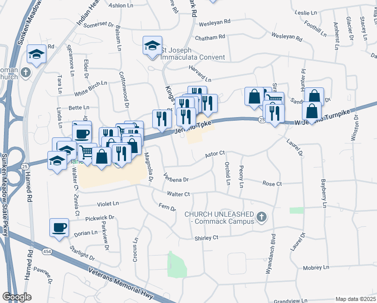 map of restaurants, bars, coffee shops, grocery stores, and more near 7 Tulip Lane in Commack