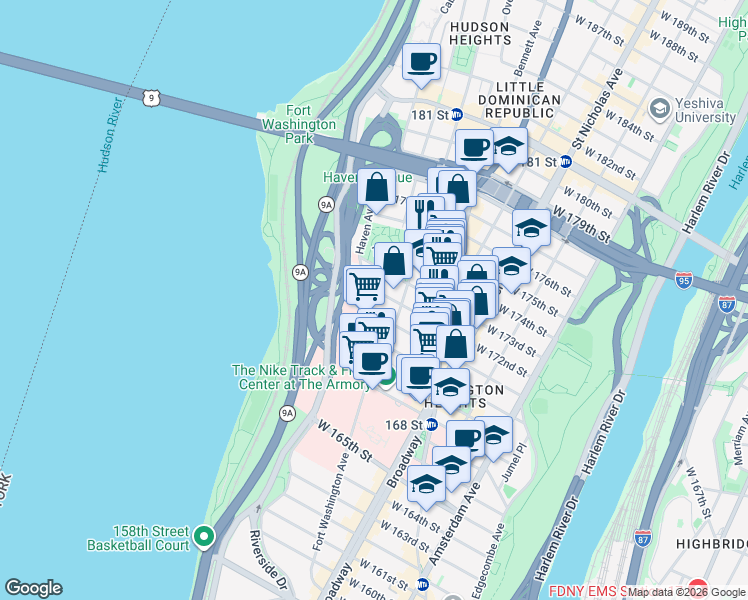 map of restaurants, bars, coffee shops, grocery stores, and more near 105 Haven Avenue in New York