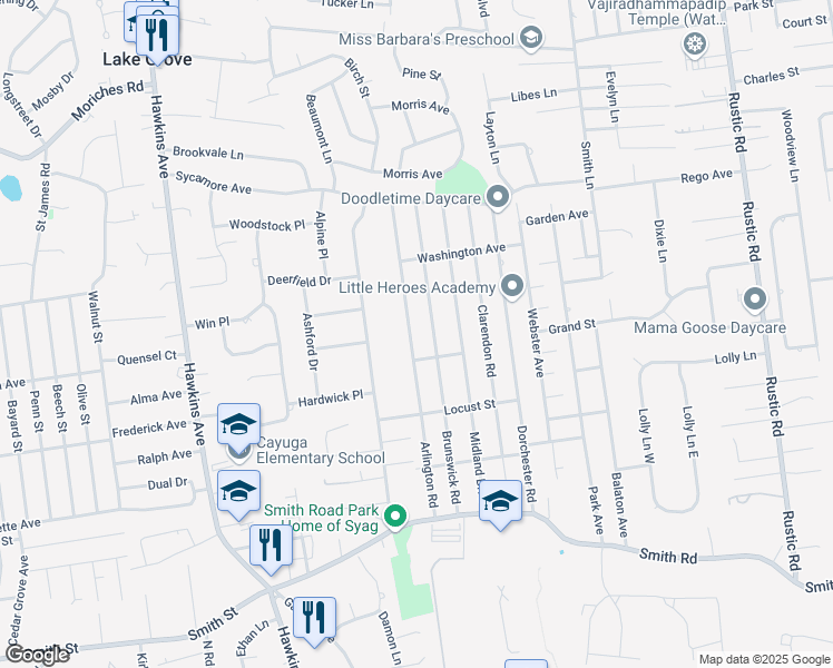 map of restaurants, bars, coffee shops, grocery stores, and more near 75 Arlington Road in Lake Ronkonkoma