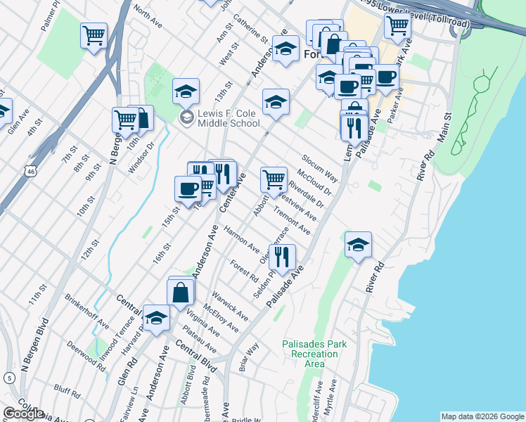 map of restaurants, bars, coffee shops, grocery stores, and more near 258 Tremont Avenue in Fort Lee