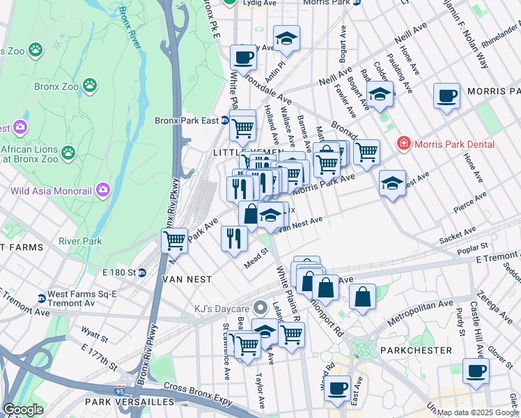 map of restaurants, bars, coffee shops, grocery stores, and more near 1745 White Plains Road in The Bronx