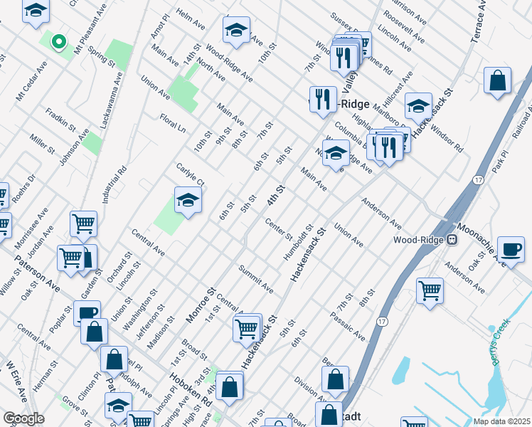 map of restaurants, bars, coffee shops, grocery stores, and more near 63 Rose Street in Wood-Ridge