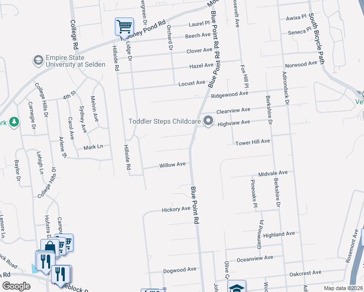 map of restaurants, bars, coffee shops, grocery stores, and more near 7 Walnut Avenue in Farmingville