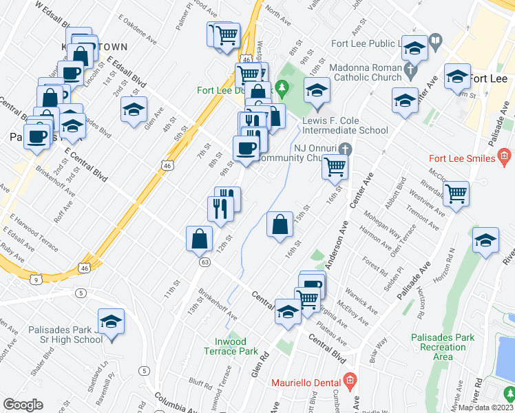 map of restaurants, bars, coffee shops, grocery stores, and more near 800 12th Street in Palisades Park