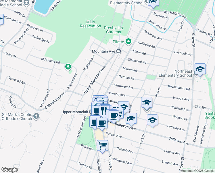 map of restaurants, bars, coffee shops, grocery stores, and more near 222 Fernwood Avenue in Montclair